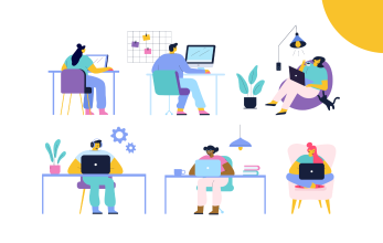 
		A graphic shows several employees at their desks in the home office
	